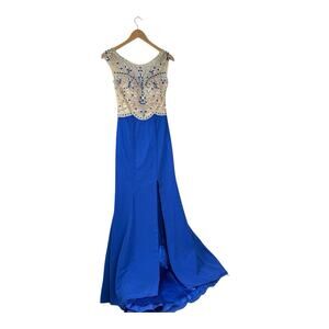 Aspeed Hand Beaded Bodice Formal Gown Prom Dress Blue Formal Elegant Slit Sz XS